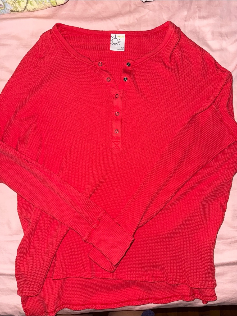 Aerie Red Waffle-Knit Henley Sweater - Unbranded